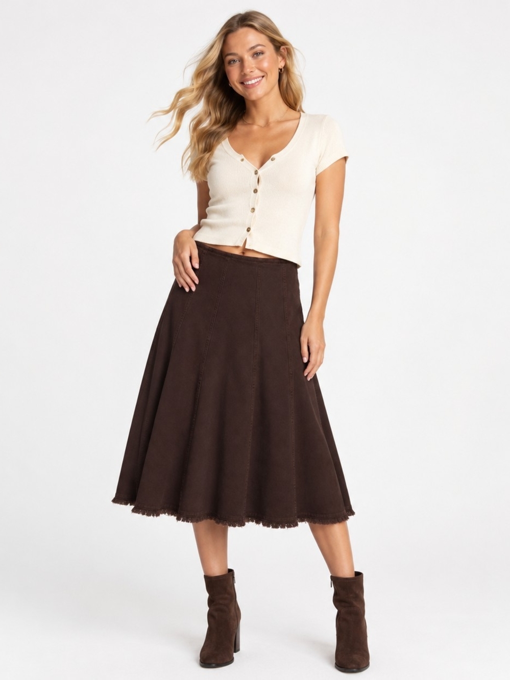 CAbi Chocolate Brown Corduroy Midi A-Line Skirt Boho Western Heritage Sz4